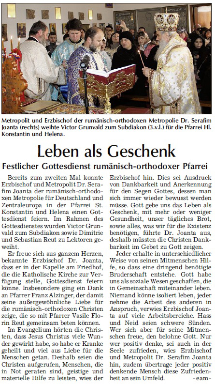 Artikel in die Zeitung "Straubinger Taggblatt": Rumänisch Orthodoxe Gottesdienst Straubing 15.01.2012