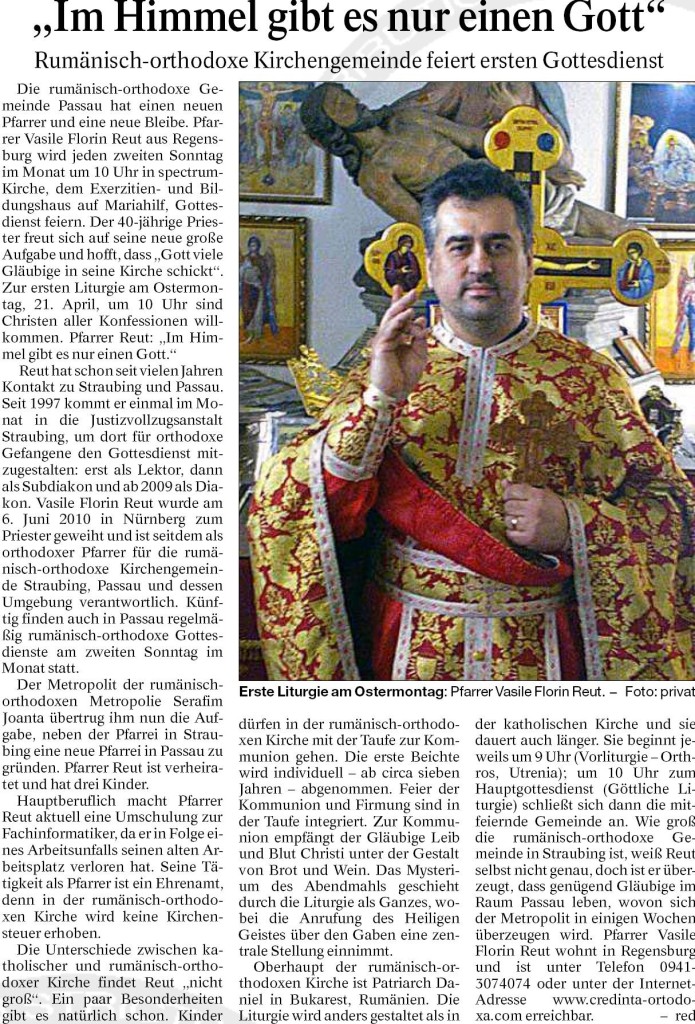 Passauer Neue Presse: "Pfarrer Vasile Florin Reut: Im Himmel gibt es nur einen Gott!" * www.credinta-ortodoxa.com