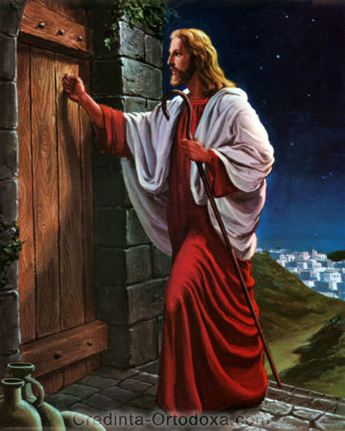 Un pictor L-a prezentat pe Mântuitorul Iisus Hristos bătând la uşa grea a unei cetăţi şi ascultând dacă se apropie cineva să-i deschidă... mânerul este insa pe dinăuntru, depinde de noi daca vrem sau nu sa-i deschidem... Sa luam aminte! * www.credinta-ortodoxa.com