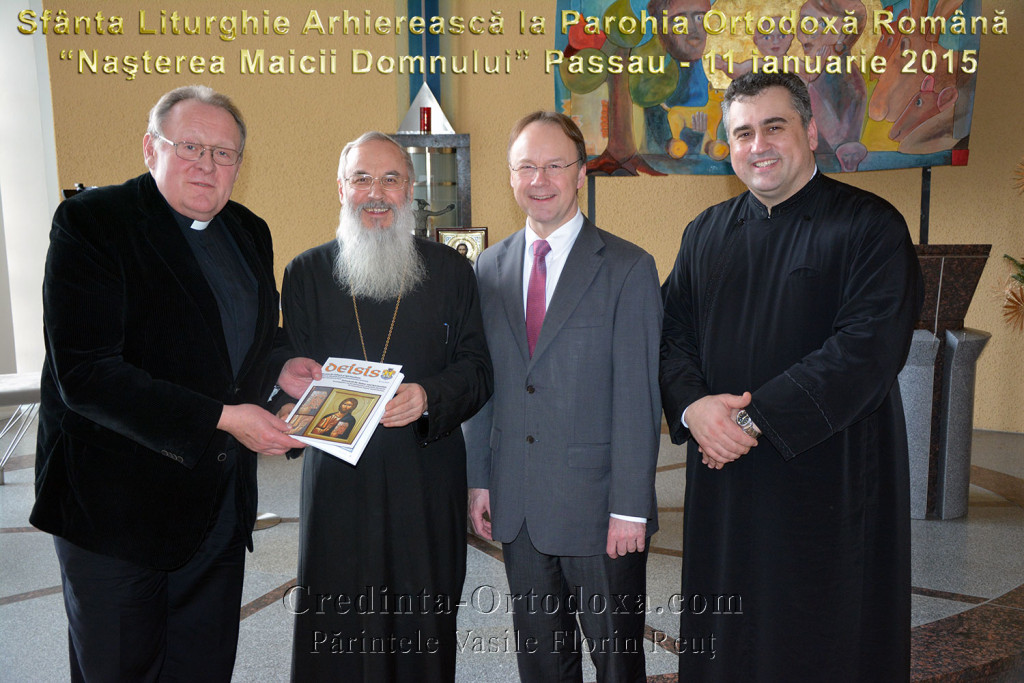 von links: Domkapitular Monsignore Manfred Ertl, Ökumene-Referent, Der rumänisch-orthodoxe Erzbischof und Metropolit für Deutschland und Zentraleuropa, Dr. Serafim Joanta, Bürgermeister Urban Mangold und Pfarrer Vasile Florin Reut aus  Regensburg, der die Passauer betreut