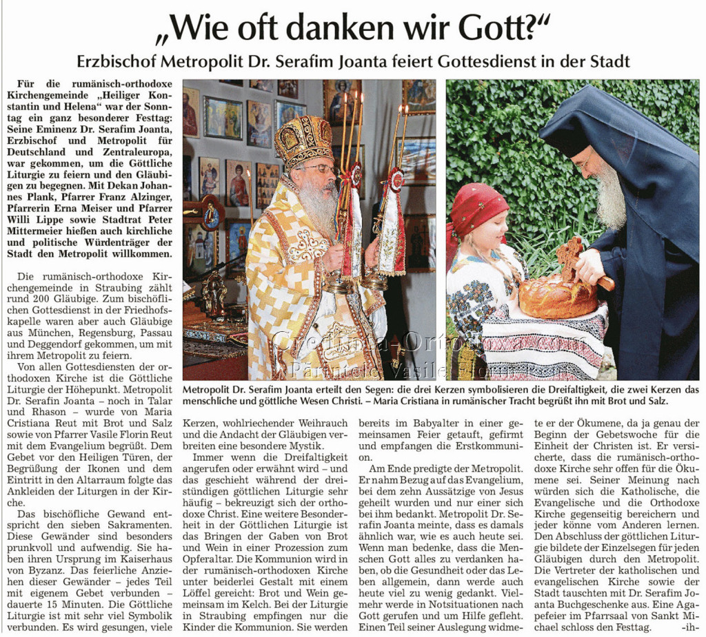 Artikel über die Kirchengemeinde „Mariä Geburt” Passau in Straubinger Tagblatt: "Wie oft danken wir Gott?"