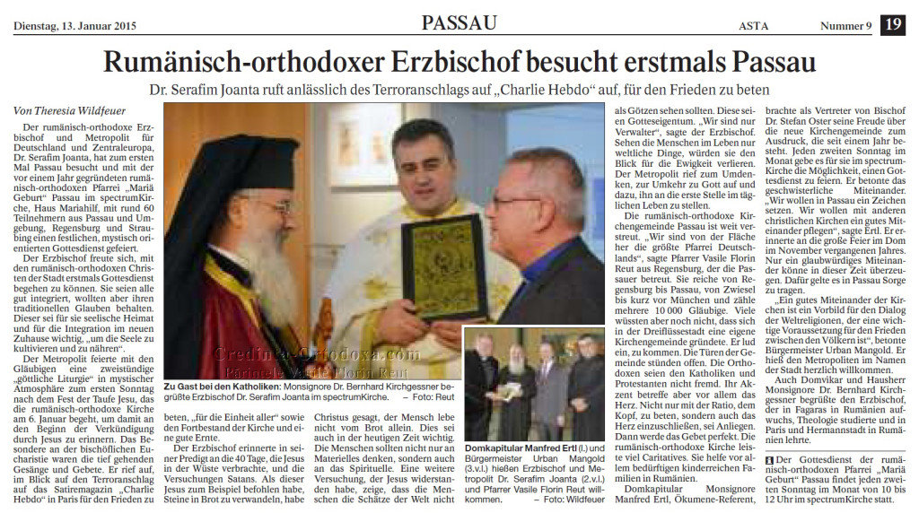 Artikel über die Kirchengemeinde "Mariä Geburt" Passau in die Passauer Neue Presse - in der grosse Foto: Der rumänisch-orthodoxe Erzbischof und Metropolit für Deutschland und Zentraleuropa, Dr. Serafim Joanta, Domvikar und Hausherr Monsignore Dr. Bernhard Kirchgessner und Pfarrer Vasile Florin Reut aus Regensburg, der die Passauer betreut